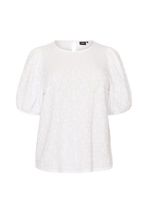 Blouse blanche avec motif en dentelle florale, manches courtes bouffantes, encolure ronde et fermeture boutonnée au dos.