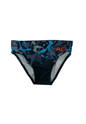Slip da bagno scuri con motivo camouflage astratto blu e grigio e piccolo logo arancione sulla fascia in vita lato destro.