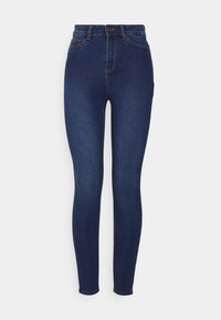 Jeans ajustados de cintura alta en mezclilla oscura. Presenta un diseño clásico de cinco bolsillos, lazos para cinturón y detalles de costura sutiles.