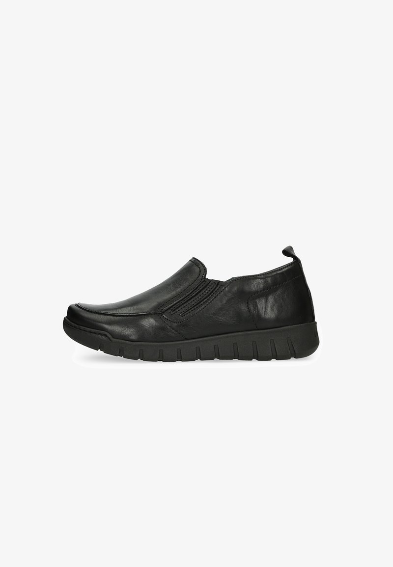 Melnas ādas slip-on kurpes ar elastīgām sānu paneļiem, apaļu purngalu un rakstainu gumijas zoli ar protektoru, kas nodrošina saķeri.