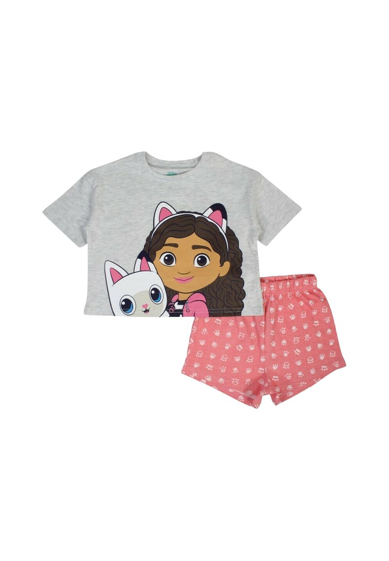 T-shirt gris à manches courtes avec un personnage de dessin animé aux cheveux bruns et un chat blanc, associé à un short rose à motif d'empreintes de pattes.