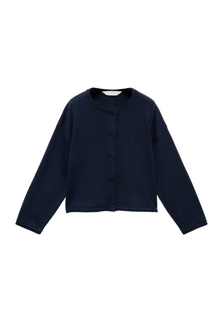 Námořnická modrá zkrácená kardigán vyrobená z žebrované pleteniny, s kulatým výstřihem a šesti knoflíky vpředu. Dlouhé rukávy mají uvolněný střih.