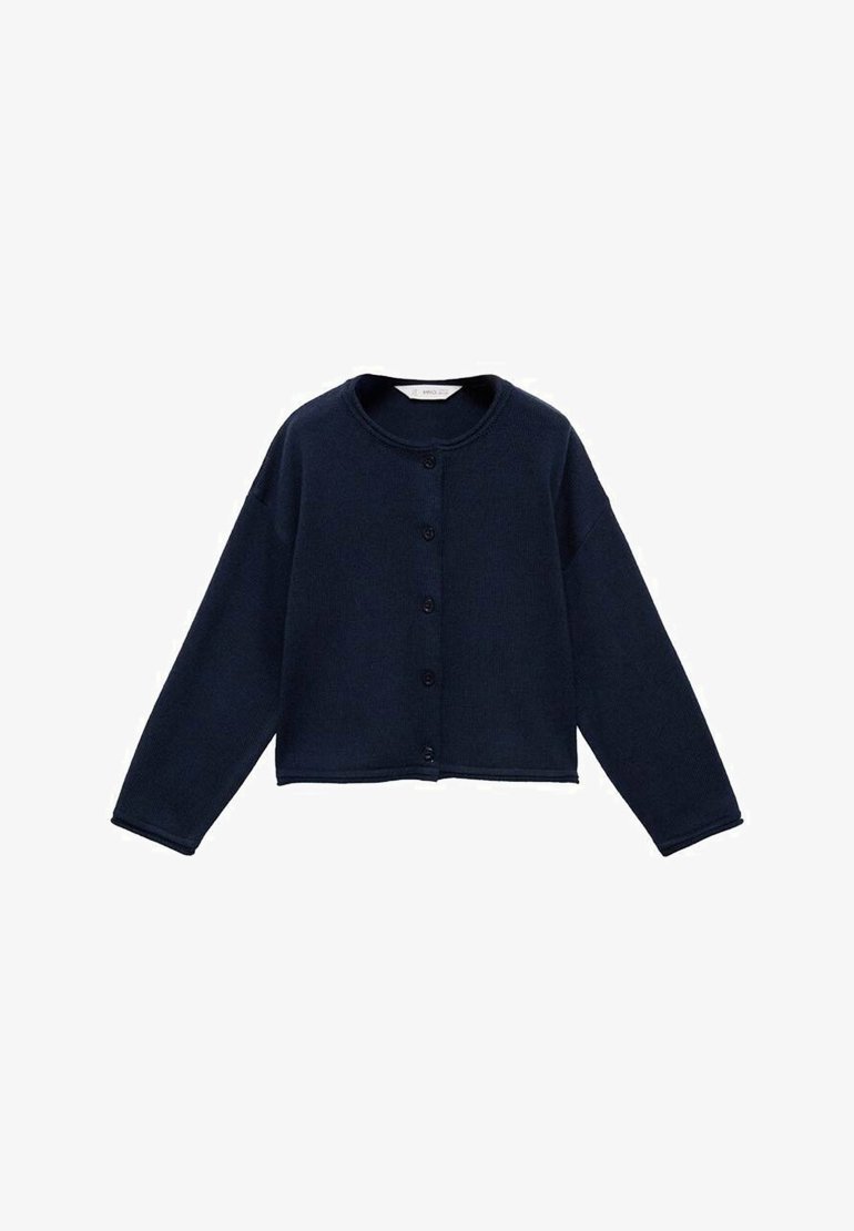 Cardigan scurt de culoare bleumarin, făcut dintr-un material tricotat cu nervuri, având un guler rotund și șase nasturi pe față. Mâneci lungi cu o croială lejeră.