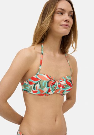 Top de bikini con diseño retorcido, que presenta un patrón floral multicolor en tonos de rojo, verde y beige, con finas tiras ajustables.
