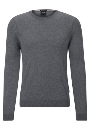 Grey crew-neck sweater made of soft knit fabric. It features long sleeves, ribbed cuffs and hem, and a small logo tag on the side.