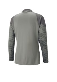 Langarmshirt in lichtgrijs, met een textuur op het lichaam en donkergrijze mouwen met een patroon van driehoekige ontwerpen. Klassieke kraag, lichtgewicht stof.