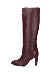 Bordeaux leren kniehoge laars met een taps toelopende neus en een gematigde hak. Gladde textuur en minimale ontwerpelementen.