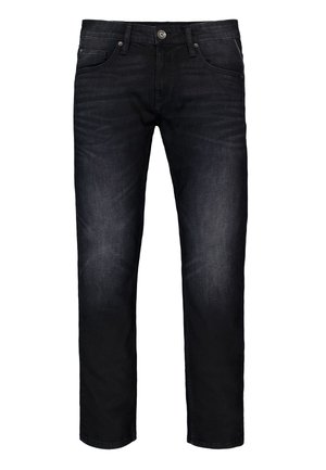 Schwarze Denim-Jeans mit Knopf- und Reißverschluss, Fünf-Taschen-Design und schlanker gerader Passform.