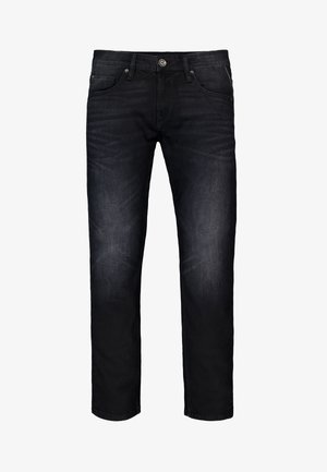 Schwarze Denim-Jeans mit Knopf- und Reißverschluss, Fünf-Taschen-Design und schlanker gerader Passform.