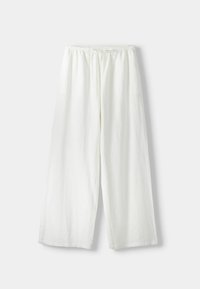 Vita, löst sittande byxor i lättviktsmaterial. Elastisk midja med dragsnöre. Raka ben, minimal textur, inga mönster.
