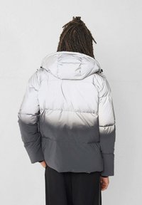 Gewatteerd jack in zilver-grijs verloop, met capuchon, doorgestikt patroon en elastische manchetten. Materiaal lijkt glanzend en geïsoleerd.