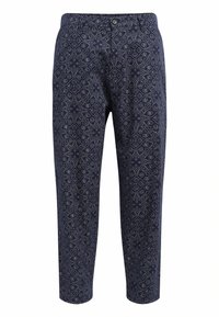Navy patterned pants with an intricate beige floral design, straight cut, made of lightweight fabric, featuring a front button closure.