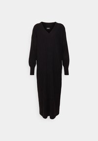 Abito in maglia nera con scollo a V, maniche lunghe e texture a coste verticali. Lunghezza media, vestibilità aderente con un colore uniforme.