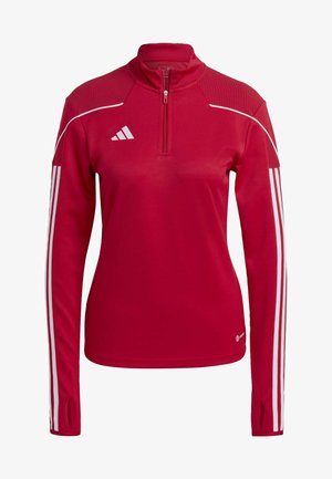 Red athletic pullover with a half-zip neck, long sleeves, white accents, textured shoulder design, and three white stripes on each arm.
