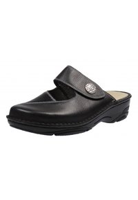 Black leather clogs with a flat sole, wide strap, and decorative circular metal accent. Smooth texture and rounded toe design.