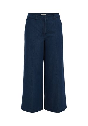 Dark blue high-waist wide-leg denim pants with front seam detailing and belt loops, displayed against a white background.