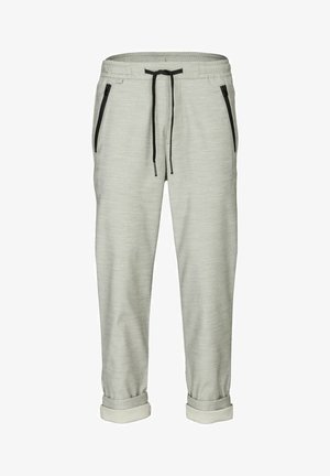 Jogging léger gris fabriqué en tissu doux, avec des poches zippées noires et une taille avec cordon de serrage, avec des ourlets roulés au niveau de la cheville.
