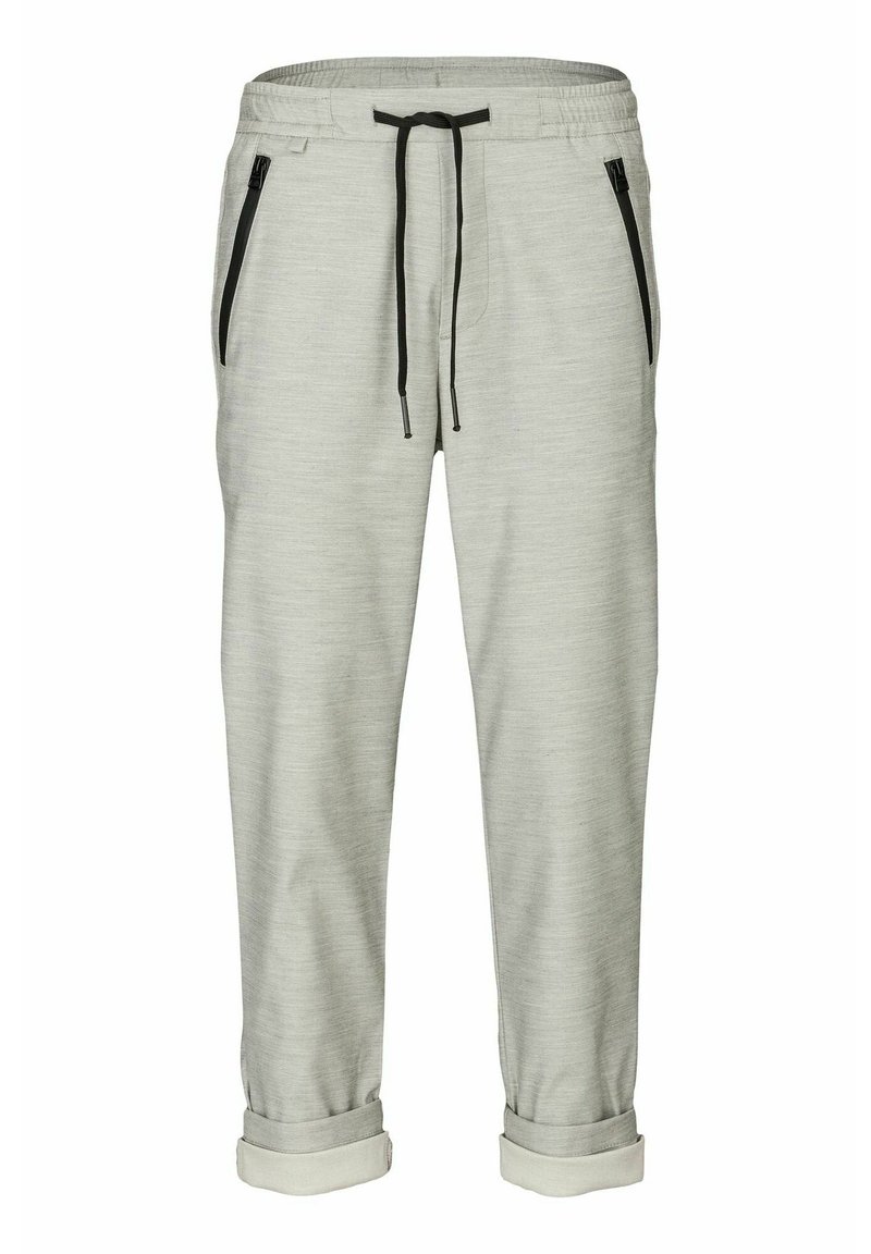 Helle graue Jogginghosen aus weichem Stoff, mit schwarzen Reißverschlusstaschen und einem Kordelzugbund, sowie umgeschlagenen Bündchen am Knöchel.