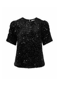 Melns spīguļota top ar īsām uzpūstas piedurknēm, apaļu izgriezumu un rāvējslēdzēju aizmugurē. Tekstūra ir gluda ar spīdīgām, atstarojošām detaļām.