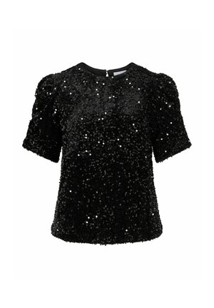 Černý top se flitry, krátkými nafouklými rukávy, kulatým výstřihem a zipem na zádech. Textura je hladká s lesklými, odrážejícími detaily.