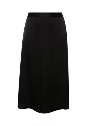Gonna nera a vita alta, di lunghezza ginocchio, a linea A con una texture liscia e una fascia in satin, progettata per un fit rilassato con una silhouette fluente.