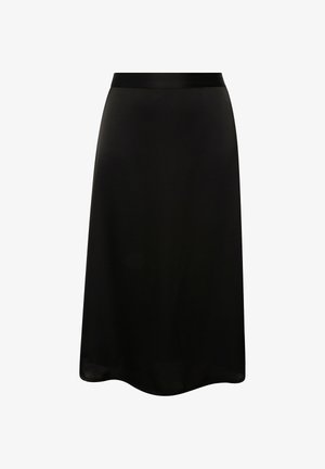 Gonna nera a vita alta, di lunghezza ginocchio, a linea A con una texture liscia e una fascia in satin, progettata per un fit rilassato con una silhouette fluente.