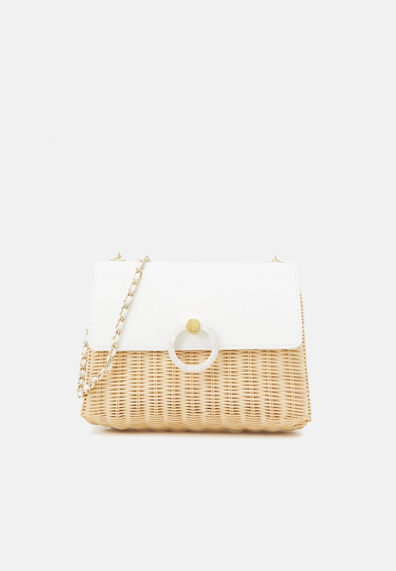 Woven straw handbag with a white leather flap, a circular acrylic accent, gold hardware, and a chain strap. Rectangular shape with textured finish.