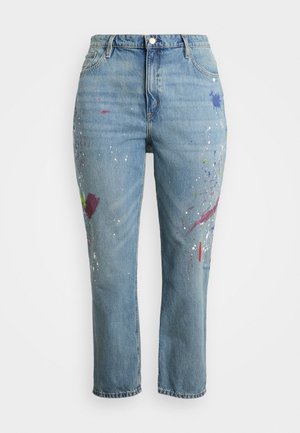 Jeans en denim bleu clair avec une coupe droite. Présentent des éclaboussures de peinture en violet, vert et rouge sur l'avant pour un design unique.