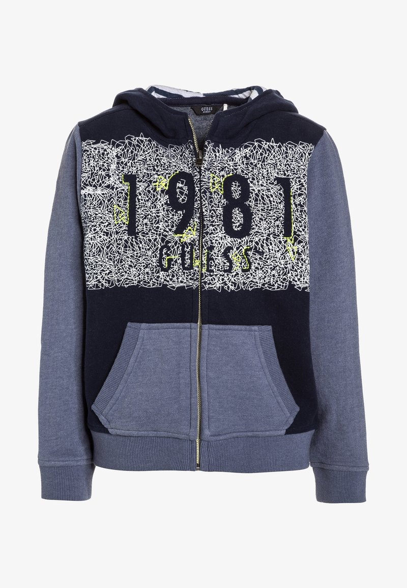 Hooded zip sweatshirt met een donkerblauwe romp, lichtere blauwe mouwen, grafische print en twee voorzakken. Heeft geribbelde manchetten en een zoom.