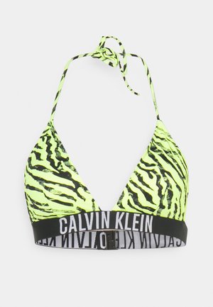 Neon žuti trokutasti bikini gornji dio s crnim tigrovim prugama, podesivim vezicama za vrat i crnim brendiranim pojasom na dnu s natpisom "Calvin Klein."