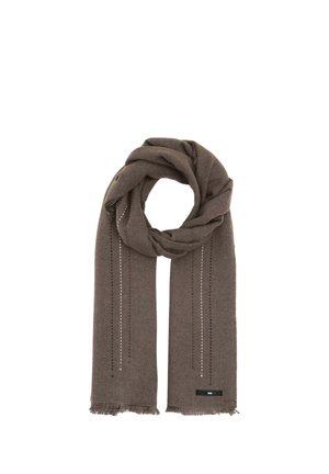 Brown wool scarf with subtle vertical stitch patterns and fringed edges, folded in a loop shape on a white background.