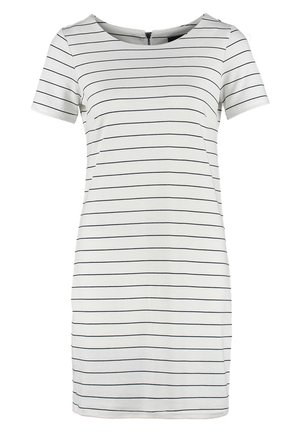 Weißes Kurzarmkleid mit schmalen schwarzen horizontalen Streifen, rundem Ausschnitt und Reißverschluss auf der Rückseite.