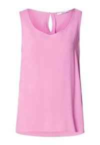 Mouwloos roze top met een zachte, gladde textuur. Beschikt over een sleutelgat uitsparing op de rug en een ronde halslijn. Eenvoudig ontwerp, casual pasvorm.