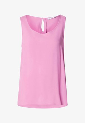 Mouwloos roze top met een zachte, gladde textuur. Beschikt over een sleutelgat uitsparing op de rug en een ronde halslijn. Eenvoudig ontwerp, casual pasvorm.