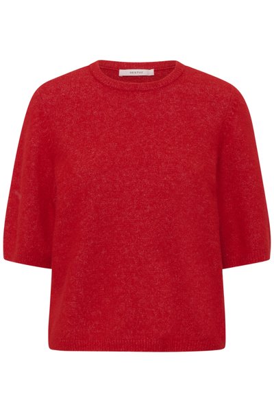 Pull rouge à manches courtes en maille avec un col rond et des poignets et un ourlet côtelés, étiqueté Gestuz.