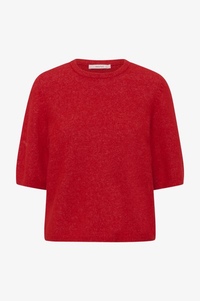 Pull rouge à manches courtes en maille avec un col rond et des poignets et un ourlet côtelés, étiqueté Gestuz.