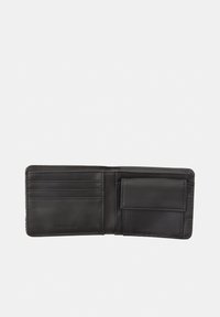 Black leather wallet featuring multiple card slots, a coin pocket, and a smooth texture. Subtle brand logo embossed on the interior.
