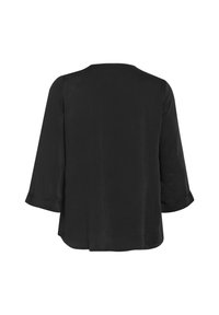 Black, lightweight blouse with long, wide sleeves and a rounded neckline. Smooth texture, simple design, and a curved hem at the back.