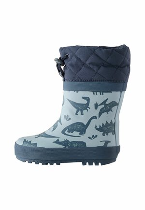 Stivale da pioggia blu per bambini con motivi scuri di dinosauri e polsino imbottito in tessuto con chiusura a coulisse.