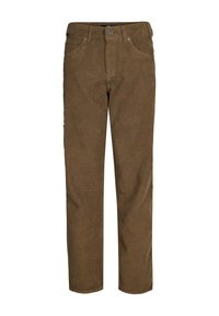 Pantaloni in velluto a coste marroni con righe verticali, dotati di chiusura con bottone, passanti per cintura e tasche laterali per funzionalità.