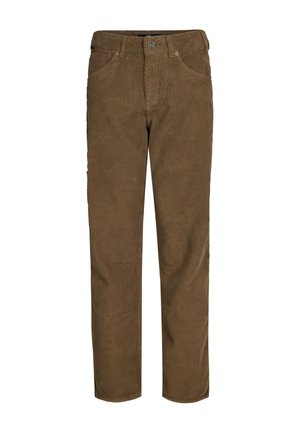 Pantaloni in velluto a coste marroni con righe verticali, dotati di chiusura con bottone, passanti per cintura e tasche laterali per funzionalità.