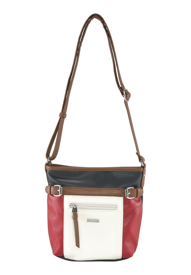 Listonoszka z regulowanym brązowym paskiem, z kolorowymi blokami w czerni, czerwieni i bieli oraz przednią kieszonką na zamek błyskawiczny z brązowym uchwytem.