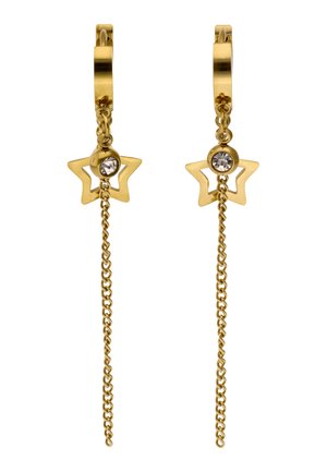 Zlaté náušnice ve tvaru kruhu s visícími hvězdicovými přívěsky, každý s průhledným kulatým kamenem a jemným zlatým řetízkem směrem dolů.