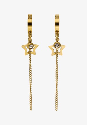 Gouden oorringen met hangende sterrenvormige bedels, elk met een heldere ronde edelsteen en een fijne gouden ketting die naar beneden hangt.