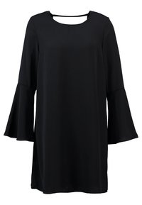 Svart klänning med långa, klockformade ärmar. Har en rund halsringning med en utskärning på baksidan. Tillverkad av slät tyg.