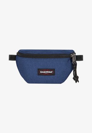 Marsupio Eastpak blu con cerniera nera e patch con logo, dotato di due cursori con cordini neri.