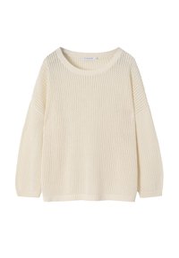 Cremefarbener Strickpullover mit lockerer Passform, runden Ausschnitt und langen Ärmeln. Verfügt über ein strukturiertes Muster und einen gerippten Saum.