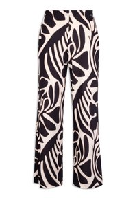 Pantalons large noirs et crème arborant un motif de feuille abstrait audacieux, fabriqués en tissu doux avec une taille élastique.