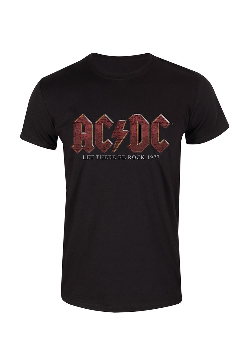 Černé bavlněné tričko s velkým červeným distressed grafikou, na které je nápis "AC/DC" a "LET THERE BE ROCK 1977" tučným písmem.
