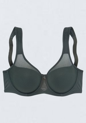 Dunkelgrüner, gepolsterter BH mit verstellbaren Trägern, Netz-Obercups und einer kleinen dekorativen Schleife vorne in der Mitte.